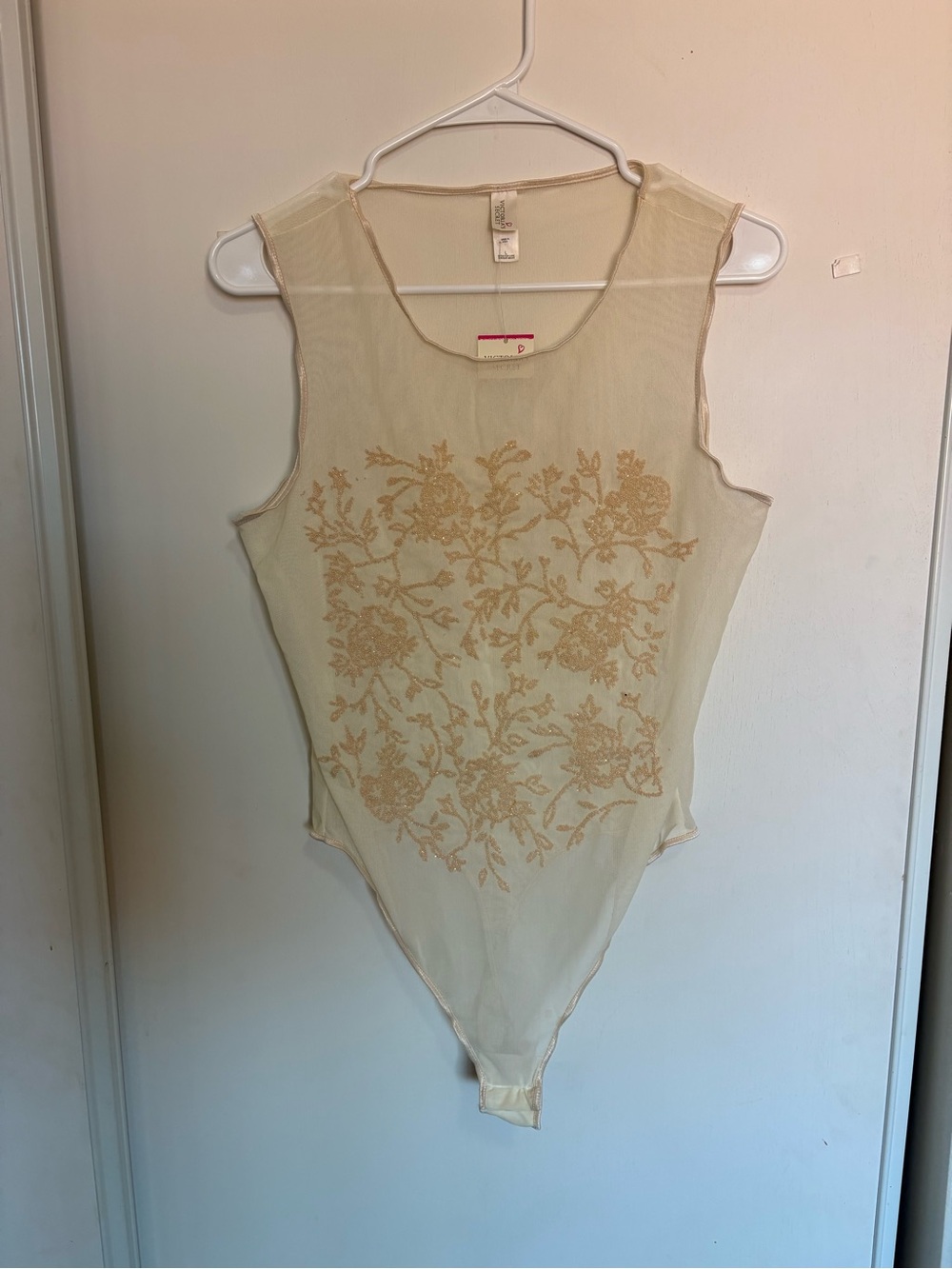 Victoria's Secret Women's Lingerie Mesh Bodysuit Large Cream Floral Teddy NEW